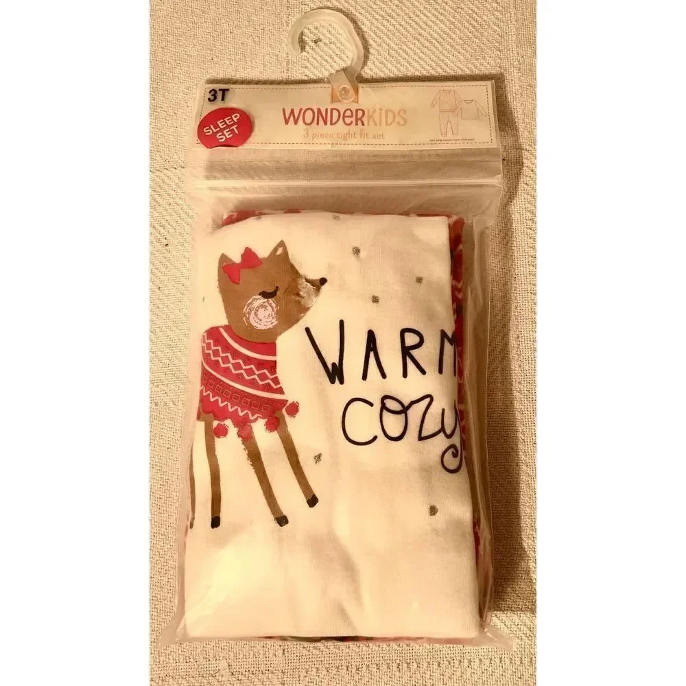 NWT WonderKids 3 Piece Tight Fit PJ Set Warm & Cozy Reindeer/Red Fair Isle 3T